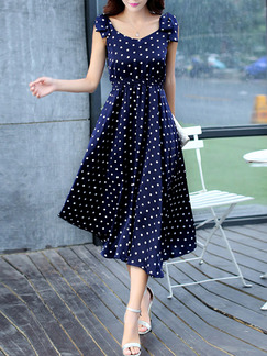 Blue Polka Dot Midi Fit & Flare Plus Size Dress for Casual Party