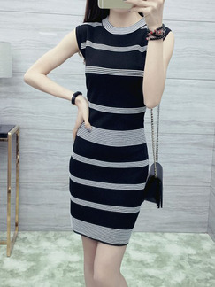 Black and White Stripe Bodycon Above Knee Dress for Casual Party Evening