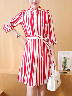 Red and White Shift Shirt Plus Size Knee Length Dress for Casual Office