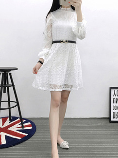 White Shift Lace Above Knee Plus Size Long Sleeve Dress for Casual Evening Office On Sale