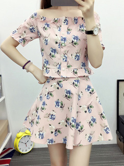 Pink Fit & Flare Above Knee Floral Cute Off Shoulder Dress for Casual Evening Office