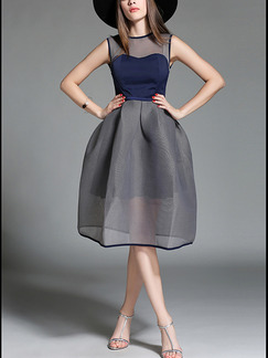 Blue and Grey Fit & Flare Knee Length Plus Size Dress for Evening Party Cocktail