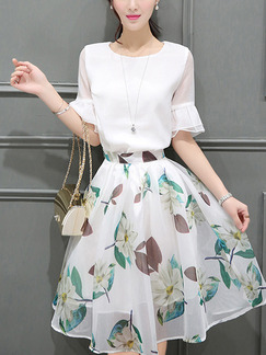 White Floral Fit & Flare Plus Size Knee Length Dress for Casual Party Evening Office On Sale