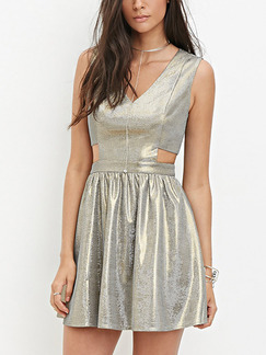 Silver Fit & Flare Above Knee V Neck Dress for Party Evening Cocktail On Sale