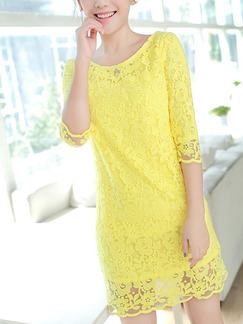Yellow Above Knee Plus Size Cute Shift Lace Dress for Casual Party Evening On Sale