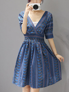 Blue Fit & Flare V Neck Knee Length Plus Size Dress for Casual On Sale