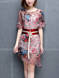 Red Colorful Sheath Above Knee Plus Size Floral Dress for Casual Evening