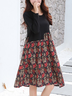 Black Red Floral Shift Plus Size Long Sleeve Above Knee Dress for Casual Evening On Sale