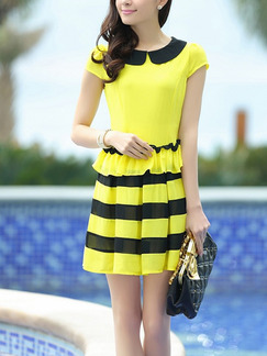 Yellow and Black Fit & Flare Above Knee Plus Size Cute Shirt Dress for Casual Evening Office On Sale