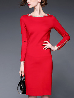Red Sheath Above Knee Plus Size Long Sleeve Dress for Casual Office