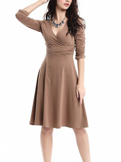Brown Long Sleeve Fit & Flare V Neck Above Knee Plus Size Dress for Casual Evening Party