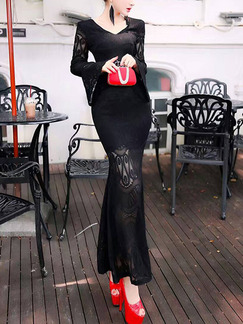 Black Maxi Lace Long Sleeve V Neck Dress for Cocktail