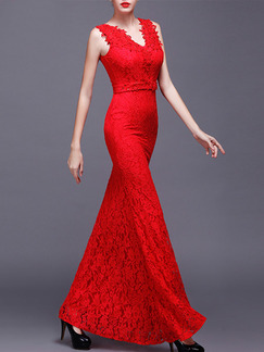 Red Maxi Bodycon V Neck Lace Dress for Prom Bridesmaid Cocktail