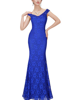 Blue Bodycon Maxi V Neck Lace Dress for Cocktail Ball Evening