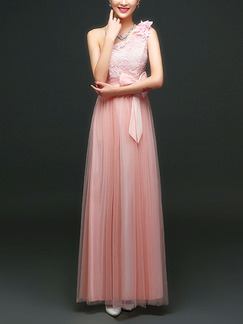 Pink Cute Maxi One Shoulder Lace Dress for Prom Bridesmaid