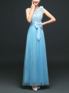 Blue Maxi One Shoulder Lace Dress for Prom Bridesmaid