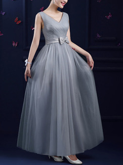 Grey V Neck Maxi Fit & Flare Plus Size Dress for Prom Bridesmaid