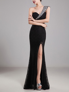 Black Maxi Bodycon One Shoulder Lace Dress for Cocktail Prom Bridesmaid Ball