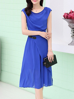 Blue Knee Length Plus Size Fit & Flare Dress for Casual Party Evening