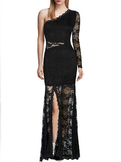 Black Maxi Lace Plus Size One Shoulder Long Sleeve Dress for Cocktail Prom Ball