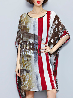 Red White and Brown Above Knee Shift Dress for Casual