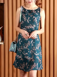 Blue Green Sheath Above Knee Floral Dress for Casual Evening