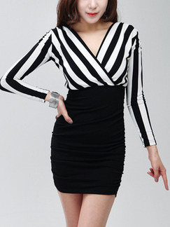 Black and White Plus Size Long Sleeve V Neck Bodycon Dress for Party Evening Cocktail