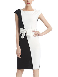 Black and White Plus Size Sheath Knee Length Dress for Casual Office Evening