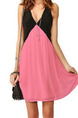 Black and Pink Above Knee Plus Size V Neck Fit & Flare Dress for Casual Party Evening