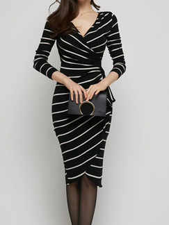 Black and White Stripe Bodycon V Neck Long Sleeve Knee Length Plus Size Dress for Casual Office Evening