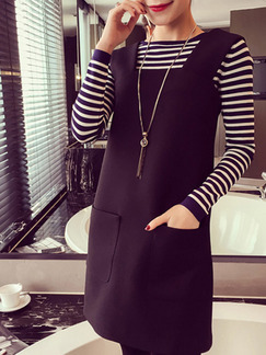 Black and White Stripes Shift Above Knee Long Sleeve Plus Size Dress for Casual Office