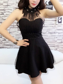 Black Fit & Flare Halter Above Knee Dress for Cocktail Party Evening Prom