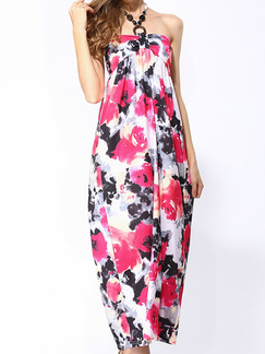 Black and Pink  Shift Halter Maxi Plus Size Floral Dress for Casual Beach