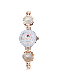 Gold Gold Plated Band Pearl Bracelet Quartz Watch