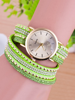 Green Leather Band Rhinestone Beaded Bracelet Quartz Watch