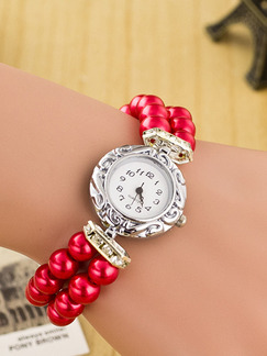 Red Pearl Band Rhinestone Pearl Bracelet Quartz Watch