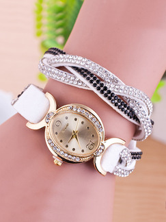 White and Black Leather Band Rhinestone Beaded Bracelet Quartz Watch
