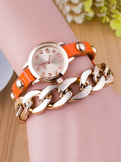Orange and Gold Stainless Steel Band Bead Bracelet Quartz Watch