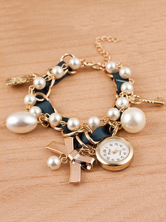 Gold and Black Pearl Band Pearl Bracelet Quartz Watch
