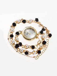 Gold and Black Stainless Steel Band Pearl Bracelet Quartz Watch
