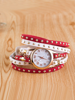 Red and White Leather Band Beaded Quartz Watch