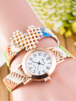 Multi-Color Nylon Band Pearl Rhinestone Bracelet  Quartz Watch
