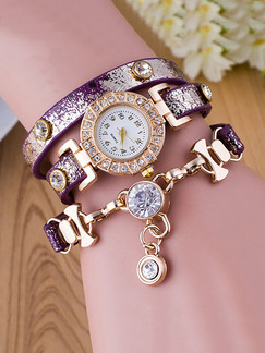 Purple and Gold Leather Band Rhinestone Bracelet Quartz Watch