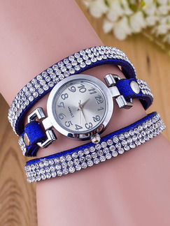 Blue Leather Band Rhinestone Bracelet Quartz Watch