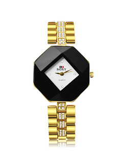 Gold Gold Plated Band Rhinestone Bracelet Quartz Watch