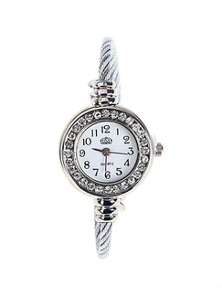 Silver Silver Plated Band Bangle Rhinestone Quartz Watch
