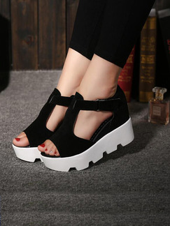 Black and White Suede Open Toe Ankle Strap Wedges