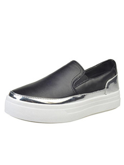 Black Silver and White Leather Round Toe Rubber Shoes