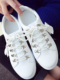 White and Silver  Leather Round Toe Lace Up Rubber Shoes