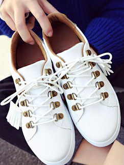 White and Gold Leather Round Toe Lace Up Rubber Shoes